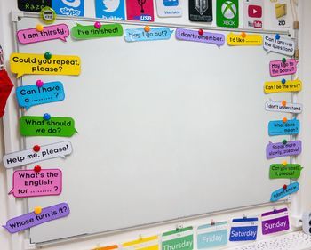 Speech bubbles for classroom language by Language Stuff | TpT Classroom English Decor, English Board Decoration Ideas, English Language Classroom Decoration, Classroom Language For Teachers, White Board Decoration Ideas Classroom, English Decoration Classroom, English Corner Classroom Ideas, English Charts For Classroom, English Class Decoration