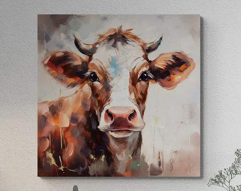 Interior Artwork, Cow Canvas, Cow Painting, Cow Art, Pastel Watercolor, Farmhouse Wall Art, Game Room Decor, Spring Easter, Floral Pillows