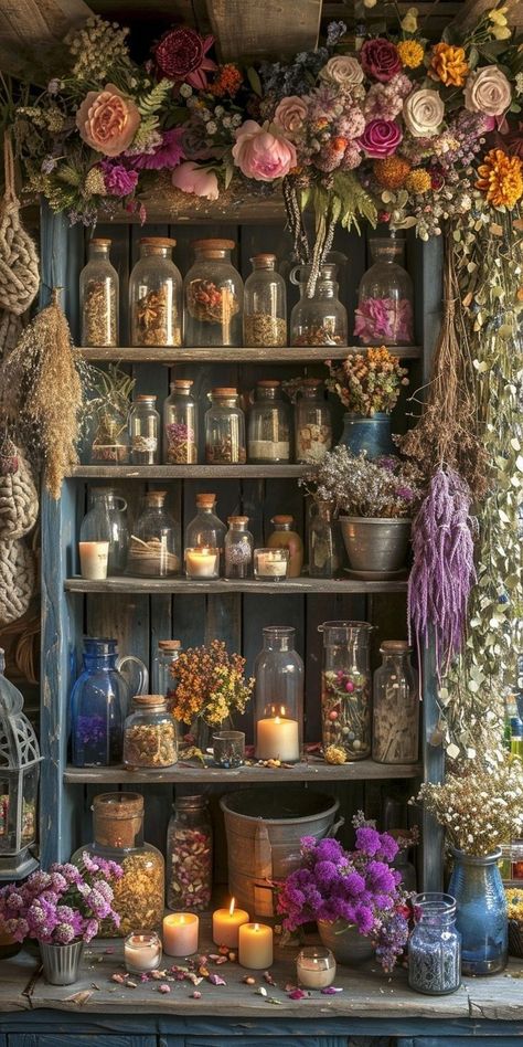 Garden Apothecary, Witchy Apothecary, Apothecary Art, Apothecary Decor, Iron Brackets, Herbal Apothecary, Ceramic Pieces, Oak Planks, Witchy Decor