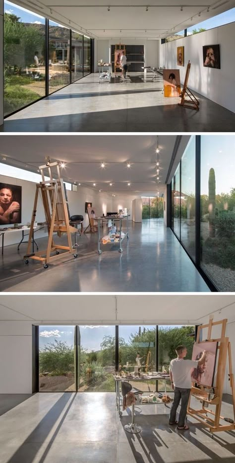 Painting Studio Interior, Art Studios At Home, Art Studio Architecture, Art Gallery Exterior, Art Gallery Architecture, Modern Art Studio, Bright White Interior, Backyard Art Studio, Home Art Studios