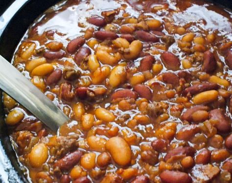 Best Ever Crock Pot Cowboy Beans Baked Beans With Hamburger, Beans Crockpot, Bean Salad Recipes Easy, Sour Cream Chicken Enchilada Recipe, Beans Recipe Crockpot, Hamburger In Crockpot, Cowboy Baked Beans, Summer Barbecue Food, Cookout Dishes