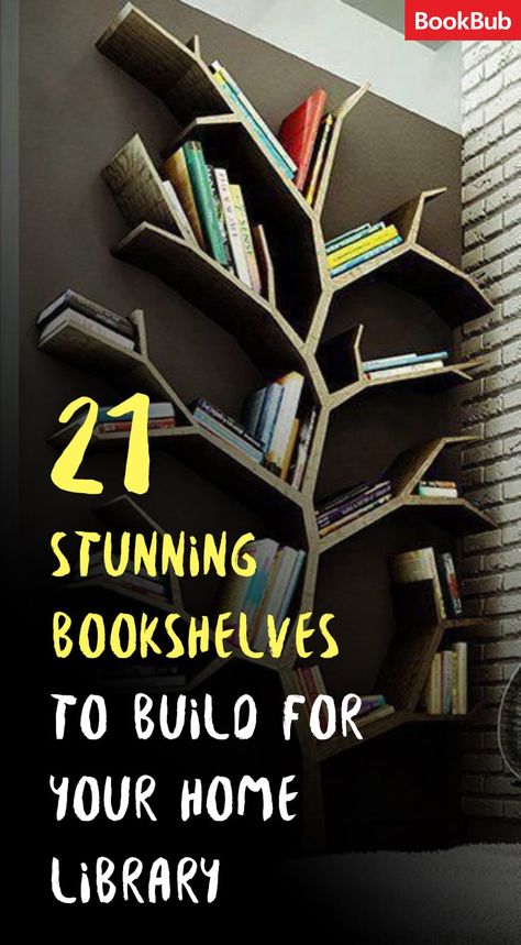 21 Awesome Bookshelf Ideas You Need to See Wall Book Shelf Ideas, Wall Bookshelf Ideas, Bookshelf Tree, Diy Bookshelf Wall, Diy Bookshelf Design, Bookshelves For Small Spaces, Diy Bookshelves, Book Shelf Ideas, Hanging Bookshelves