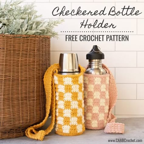 Water Bottle Carrier Crochet Pattern, Free Water Bottle Holder Crochet Pattern, Crocheted Checkered Bag, Bottle Bag Crochet Free Pattern, Crochet Bottle Bag Free Pattern, Crochet Bottle Holder Pattern, Bags Crochet Pattern Free, Free Bag Crochet Patterns, Bottle Crochet Bag