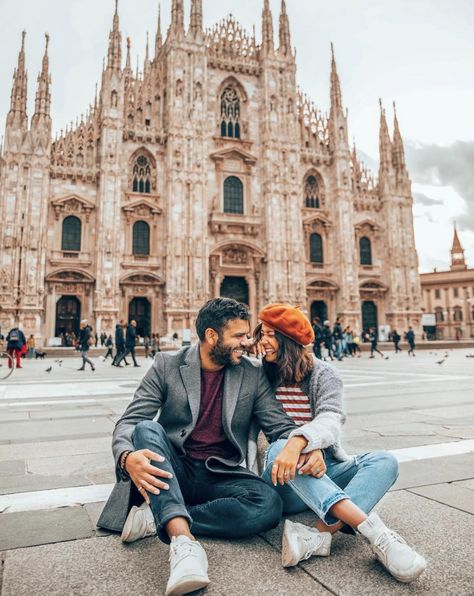 We woke up early to get a quiet couples pic of the Duomo in Milan. I have to say it was worth the horrible wake up call Trip Couple, Couple Travel Photos, Couples Pic, Barcelona Photography, Milan Travel, Milan Cathedral, Rome Photo, Travel Pose, Travel Pictures Poses