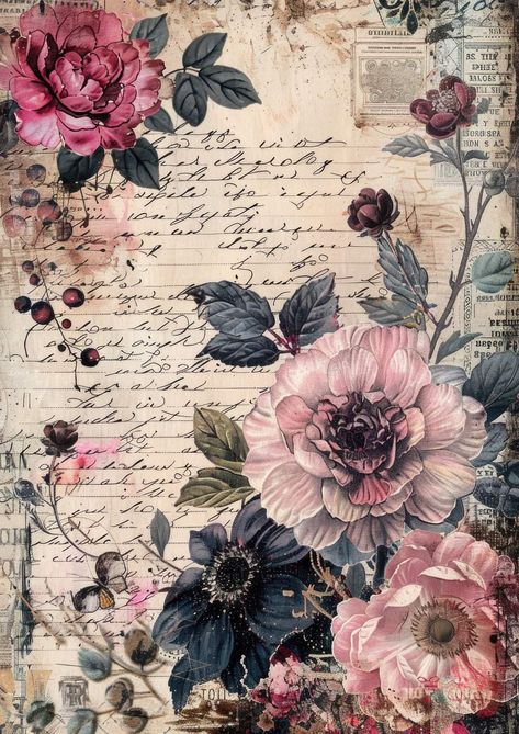 Floral Junk Journal Ideas, Decoupage Paper Printable Free Flowers, Journal Aesthetic Printable, Decoupage Paper Printable Free, Vintage Paper Printable, Png Flowers, Scrapbook Printing, Book Page Art, Image Swag