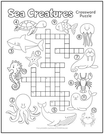 Sea Creatures Crossword Puzzle for Kids | Print it Free Sea Animals Worksheets For Kids, Kids Crossword Puzzles, Free Printable Crossword Puzzles, Word Puzzles For Kids, Language Practice, Printable Crossword Puzzles, Printable Puzzles For Kids, Animal Worksheets, Puzzle For Kids