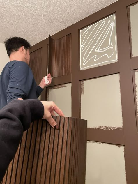 Bathroom Wallpaper Brown Cabinets, Reeded Wall Paneling, Stained Pole Wrap, Pole Wrap Kitchen Cabinet, Wood Beadboard Walls, Stained Beadboard Walls, Brown Beadboard, Reeded Cabinets, Wood Wall Paneling Ideas