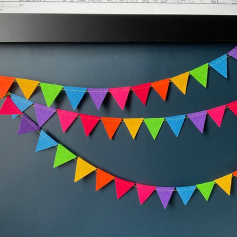 Triangle Hanging Decor, Colourful Decorations Party, Colourful Birthday Decorations, Birthday Decoration Rainbow, Triangle Decor, Rainbow Birthday Decorations, Homemade Party Decorations, Colorful Party Decorations, Festival Tent