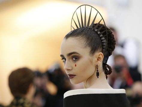 Lily Collins in Givenchy  at Met Gala '18 Catholic Fashion, Heavenly Bodies, Black Sheer Dress, Met Ball, Amal Clooney, Head Piece, Lily Collins, The Red Carpet, Katy Perry