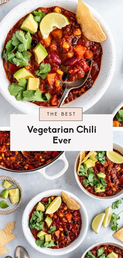 This is actually THE BEST vegetarian chili recipe you'll ever make! You won't believe there's no meat in this delicious vegetarian chili recipe. It's made with two kinds of beans, veggies and tender sweet potato to make a hearty plant based chili that everyone will love. Make it on the stovetop or on your slow cooker, add your favorite toppings and enjoy for a weeknight dinner or game day! Best Vegetarian Chili Recipe, Best Vegetarian Chili, Easy Vegetarian Chili Recipe, Plant Meals, Vegetarian Chili Easy, Vegetarian Chili Recipe, Veggie Chili, Fasting Recipes, Kinds Of Beans