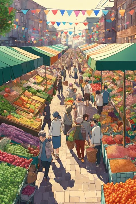 Farmers Market Bustle Check more at https://paintlyx.com/farmers-market-bustle/ Fantasy Market Art, Local Farmers Market Aesthetic, Local Market Aesthetic, Food Market Illustration, Summer Farmers Market Aesthetic, Farmers Market Drawing, Marketplace Illustration, Farmers Market Pictures, Farmers Market Illustration