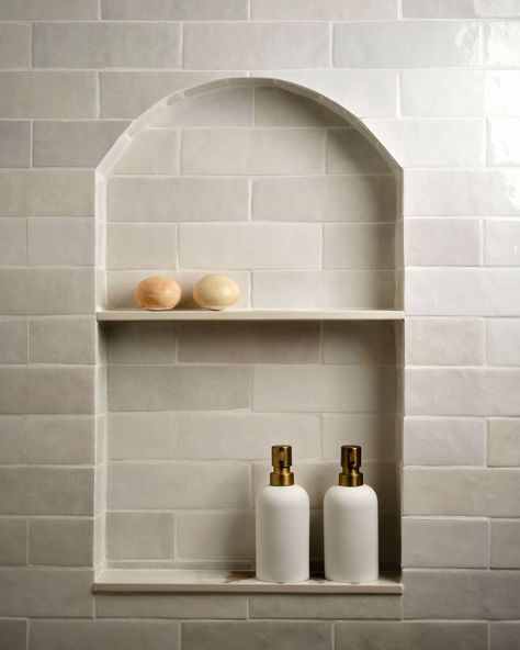 A simple tiled niche in the guest bathroom at project Indus Park Niche In Bathtub Wall, Shower Cubby Accent Tile, Tile Shower Alcove, Arched Shower Niche Ideas, Arched Niche In Wall Bathroom, Shower Niche With Shelf, Arch Shower Niche, Tub Niche Ideas, Arched Shower Niche