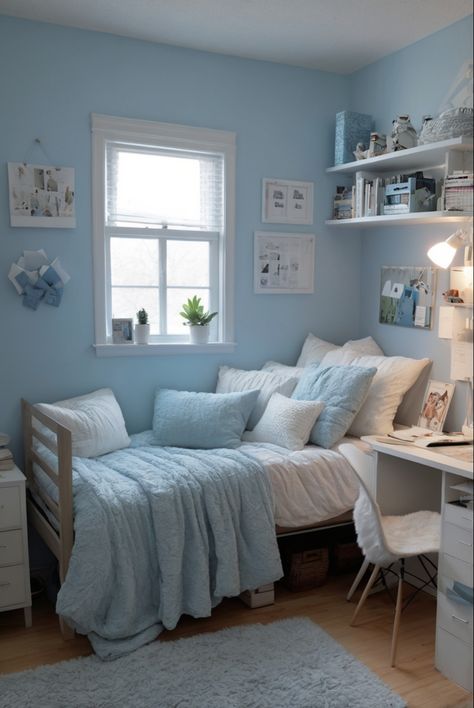 Discover 45 inspiring light blue dorm room ideas to create a cozy and stylish space. From modern furniture and soothing decor to functional layouts, these ideas will help you design a serene and inviting environment perfect for studying and relaxation.  #lightblueroom #bedroom Grey Rooms Ideas, Light Blue Room Inspiration, Blue Wall Room Ideas, Room Ideas Light Blue Walls, Light Blue Themed Bedroom, Pastel Blue Room Ideas, Light Blue Bedroom Ideas For Teens, Cute Bedroom Ideas For Small Rooms Cozy Blue, Room Ideas Light Blue