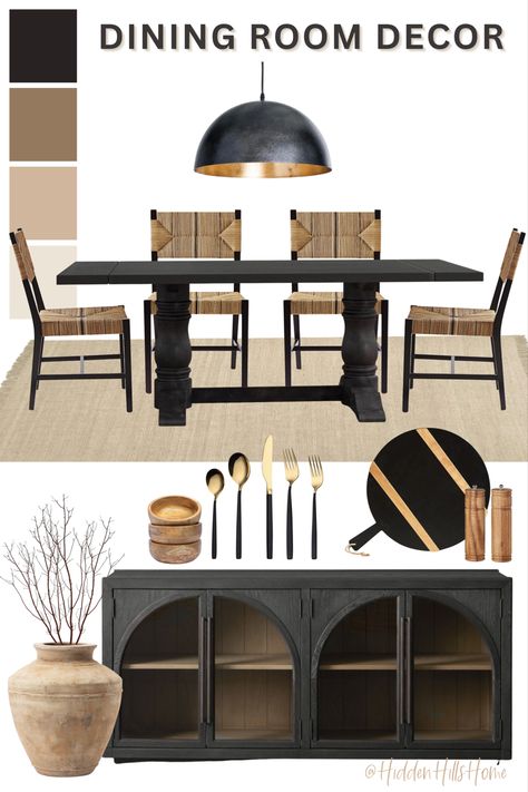 Black and beige dining room design board featuring a dark wood toned table paired with black and woven dining chairs Masculine Dining Room, Brown Dining Room Table, Restoration Hardware Dining Room, Organic Dining Room, Beige Dining Room, Black Dining Room Furniture, Black Dining Room Table, Dark Dining Room, Brown Dining Room