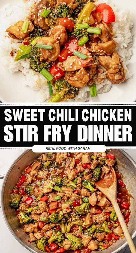 Have this healthier Sweet Chili Chicken Stir Fry on the dinner table in 35 minutes. Juicy chicken bites and crisp veggies tossed in a thick homemade sweet chili sauce. Enjoy this sweet and spicy favorite over rice or noodles. Thai Chili Stir Fry, Sweet Chili Stir Fry Chicken, Sweet Thai Chili Chicken Stir Fry, Chicken Sweet Chili Recipes, Sweet Chilli Chicken Stir Fry, Chili Garlic Chicken Fried Rice, Sweet Chili Chicken Bowl, Firecracker Chicken Stir Fry, Sweet Chili Stir Fry