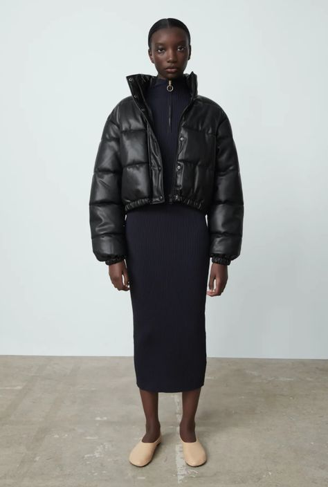 I'm a New Yorker Who Loves Zara and I Need These 6 Items | Who What Wear Cropped Puffer Jacket Outfit, Faux Leather Puffer Jacket, High Collar Jacket, Puffer Jacket Outfit, Leather Puffer Jacket, Leather Puffer, Oversized Trench Coat, Cropped Blazer Jacket, Unique Sweaters