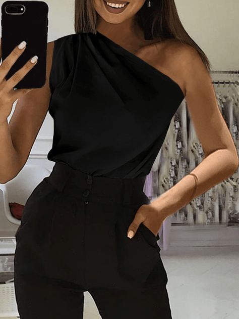 Sleeveless Strapless One Shoulder Casual Solid Women Tank Tops – MRSLM Shoulder Tops Outfit, Black One Shoulder Top, Women Tank Tops, Casual Stylish, One Shoulder Tops, Black Tank Tops, Artwork Painting, Apricot, Dress To Impress