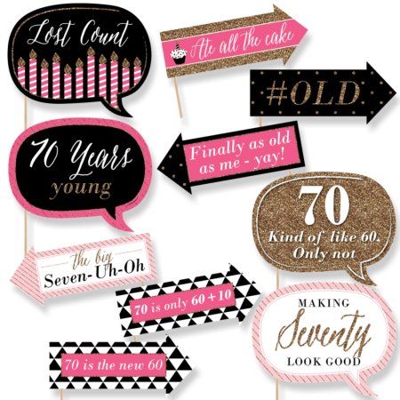 Funny Chic 70th Birthday - Pink, Black and Gold - Birthday Party Photo Booth Props Kit - 10 Count Birthday Party Photo Booth, Diy Photo Booth Props, 40th Birthday Party Ideas, Birthday Photo Booth, Party Photo Booth Props, 40th Birthday Ideas, Birthday Photo Booths, 50th Birthday Decorations, 90's Birthday Party