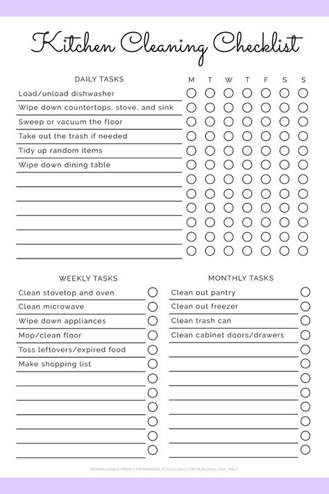 Stay organized with this free printable kitchen cleaning checklist. The template includes a section for daily, weekly, and monthly cleaning tasks. There's a Monday start version as well. Cleaning Checklist Daily, Bedroom Cleaning Checklist, Free Printable Cleaning Schedule, Bedroom Checklist, Monthly Cleaning Checklist, Bathroom Cleaning Checklist, Kitchen Cleaning Checklist, Bedroom Cleaning, Free Printable Cleaning