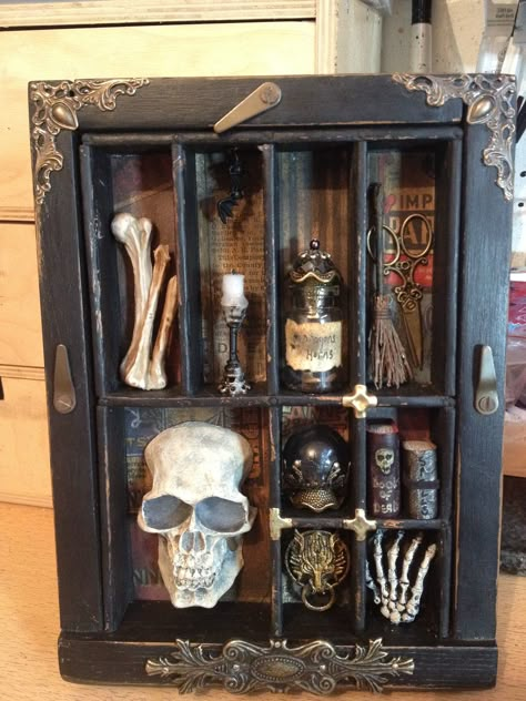 https://flic.kr/p/RPSj3A | IMG_6040 | gothic printers tray Halloween Curio Cabinet, Gothic Curio Cabinet, Gothic Shadow Box Ideas, Goth Suitcase, Dark Apothecary, Gothic Jewelry Box, Gothic Shelf, Gothic Crafts, Gothic Cottage