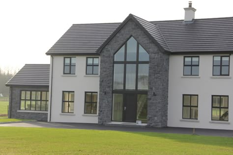 Cladding House Exterior, Stone Front House, Irish House Plans, House Designs Ireland, Rendered Houses, Natural Stone Cladding, Irish Houses, Self Build Houses, Exterior House Remodel