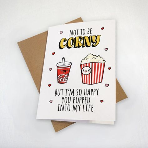 Whether you're going to a movie theater or having a Netflix night at home, these not-too-corny popcorn puns are perfect for your Instagram captions. #puns #funny #popcorn Popcorn Puns, Corny Valentines, Friendship Day Cards, Anniversary Card For Boyfriend, Punny Cards, Funny Love Cards, Card For Boyfriend, Valentines Gift Bags, Cute Valentines Day