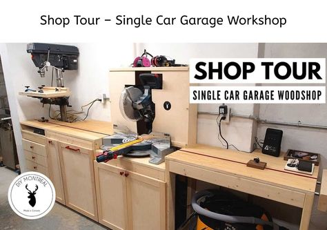 Shop tour showcasing a single car garage workshop with various woodworking tools on a workbench. Garage Woodshop, Woodworking Workshop Layout, Single Car Garage, Garage Workshop Layout, Workshop Cabinets, One Car Garage, Garage Workshop Plans, Garage Workshop Organization, Workshop Layout