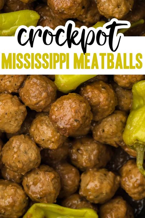 Crockpot Mississippi Meatballs turn frozen meatballs into a delicious meal or appetizer! The meatballs are slow cooked in a very flavorful mix of Au Jus, ranch seasoning, and pepperoncini. Mississippi Meatballs, Crockpot Vegetarian, Meatballs Crockpot, Meatball Recipes Crockpot, Buns In My Oven, Meatballs And Gravy, Vegetarian Meatballs, I Am Positive, Au Jus Gravy