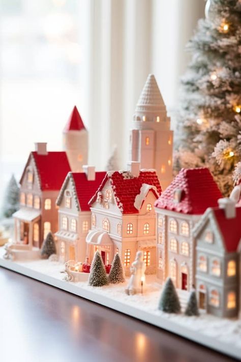 Scandinavian Christmas Village Diy, Christmas Village Inspiration, Scandinavian Christmas Village, Diy Christmas Village Houses Clay, Christmas Village Decor Ideas, Christmas Village Houses Diy, Diy Christmas Houses Village, Ceramic Christmas House, Scandinavian Christmas Decor Ideas