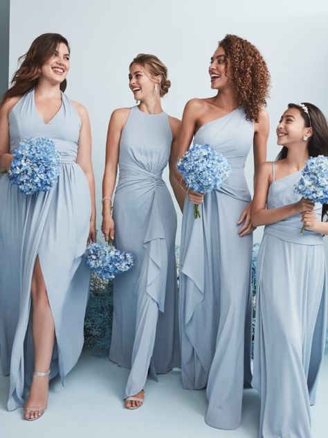 Dresses and Gowns Archives - David's Bridal Blog Vestidos Color Pastel, Dusty Blue Dress, Sky Blue Bridesmaid Dresses, Hijab Wedding Dress, Dusty Blue Bridesmaid Dresses, Bridesmaid Dress Colors, Wedding Dress Pictures, Bridesmaid Dresses Online, Bridal Party Dresses