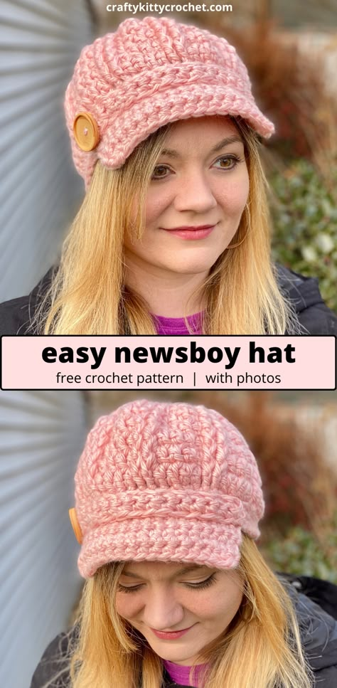 Capitol Couture Newsboy Hat - Crochet Pattern ~ Crafty Kitty Crochet Capitol Couture, Crochet Newsboy Hat, Crochet Hat With Brim, Easy Crochet Hat, Chunky Hat, Crochet Hat Patterns, Crochet Beanies, Crochet Hat Free, Bonnet Crochet