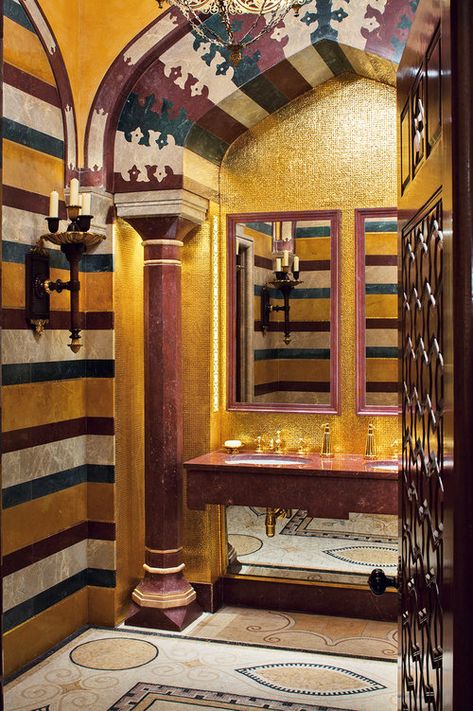 You can be more wildly adventurous in the design of certain areas of the home, such as hallways or cloakrooms, because you pass through the spaces rather than live within them. In this cloakroom of striped marble and gold mosaic, I wanted the client to be transported into a different era. Byzantine Interior, Tuscan Bathroom, Mediterranean Bathroom, Timeless Interior Design, Striped Decor, Gold Mosaic, Interior Design Gallery, Timeless Interior, Marble And Gold