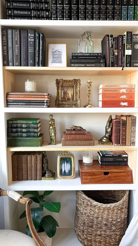 I love the built-ins in the bedroom in #shoeboxchs but it’s always driven me crazyyyy how tall each shelf was. My book collection always… | Instagram Room Book Organization, Classy Shelf Decor, Bedroom Bookcase Decor, Bookshelf On Dresser, Low Bookcase Styling, How To Stack Books, Long Bookshelf Styling, Deep Bookshelf Styling, How To Decorate A Shelf In Bedroom