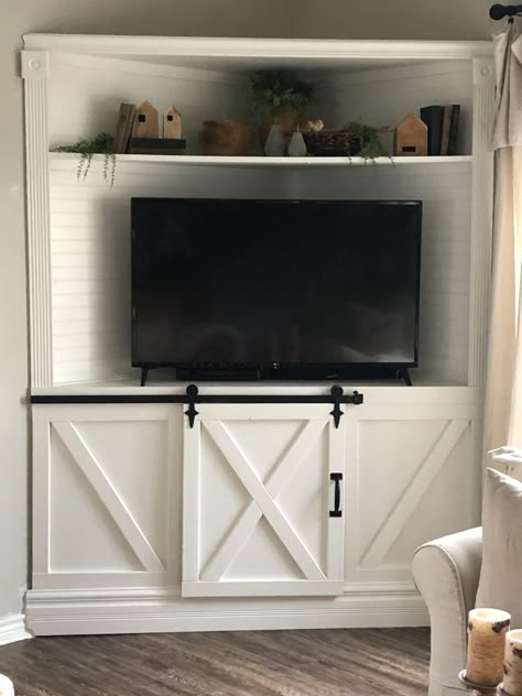 Built In Tv Cabinet, Corner Tv Cabinet, Corner Entertainment Center, Corner Built In, Corner Tv Cabinets, Corner Tv Unit, Diy Home Projects, Living Room Tv Unit Designs, Living Room Tv Unit