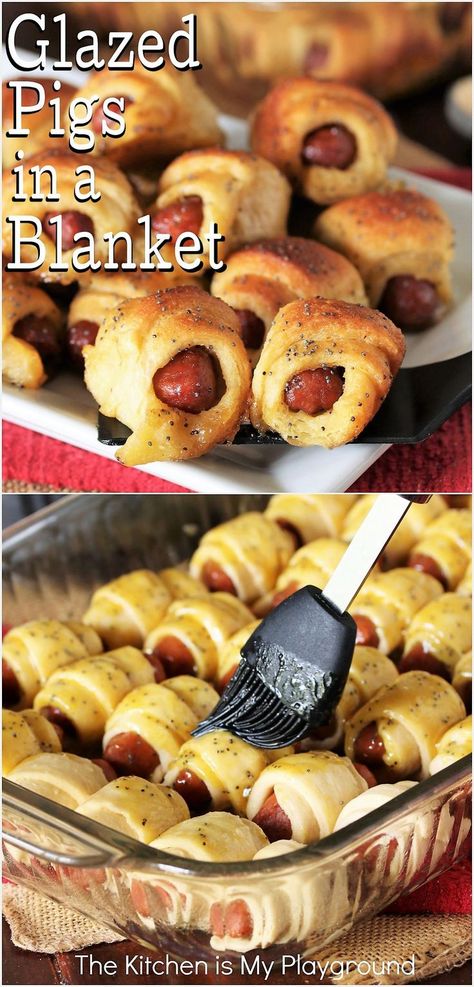 Glazed Pigs In a Blanket Little Pigs In A Blanket, Appetizer For Game Night, Poker Night Snacks Appetizers, Beef Pigs In A Blanket Recipe, Finger Foods For Game Night, Mini Pigs In A Blanket Crescent Rolls, Heavy Snacks For Party, Dessert Finger Foods For Party, Pigs In Blanket Crescent Rolls