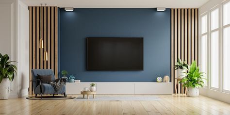 Dark Blue Tv Wall, Tv Slat Wall, Dark Accent Wall Living Room, Tv Panel Designs, Blue Accent Wall Living Room, Dark Blue Living Room, Photo Tv, Tv Feature Wall, Dark Accent Walls