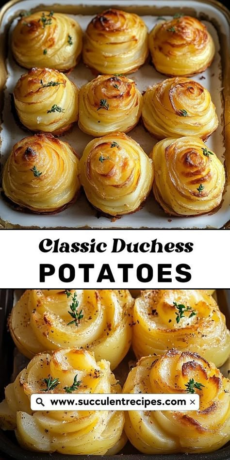 These Perfect Duchess Potatoes are a luxurious, flavorful side dish that’s easy to make and adds a touch of elegance to your holiday or dinner party table. Elegant Dinner Side Dishes, Dinner Recipes Fancy Delicious, Cheesy Garlic Duchess Potatoes, Easy Duchess Potatoes, Dinner Party Side Dishes Elegant, Fancy Dinner Party Desserts, Easy Side Dishes For Dinner Healthy, New Years Dinner Side Dishes, Potato Dish For A Crowd