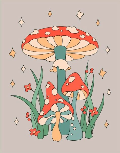 Mushroom Drawing, Herbs And Flowers, Color Illustration, Mushroom Art, Premium Vector, Painting Ideas, Graphic Resources, Art Inspo, Art Ideas