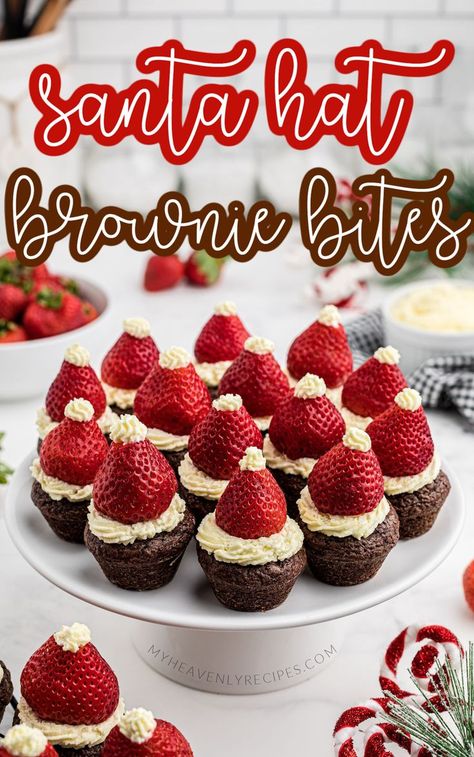 Santa Hat Brownie Bites- cutest christmas dessert to make! Santa hat brownies. Fun little treat to make for a christmas party. The strawberries act as the santa hat! Easy xmas dessert to make for potluck, holiday parties. Ugly Sweater Party Ideas Food, Ugly Christmas Sweater Party Ideas Food, Wife Meals, Christmas Finger Foods, Christmas Potluck, Xmas Recipes, Xmas Desserts, Christmas Recipes Appetizers, Christmas Homescreen