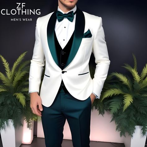 White Coat Pant For Men Suits Wedding, White Suit For Men Wedding, Groom Colored Suit, Green Suit For Groom, White Velvet Suit, Pant Coat For Men, Tuxedo For Men Wedding, White Tuxedo Wedding, Mens White Suit