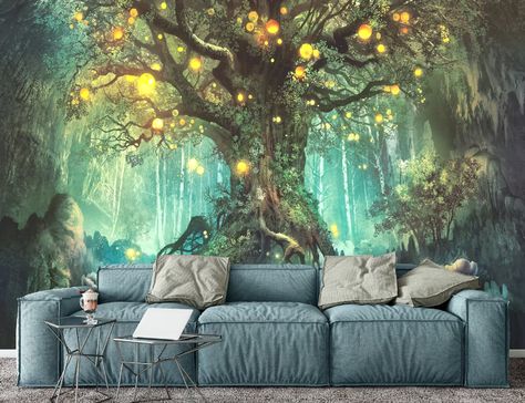 Fireflies on a Fantastic Tree Wall Mural Fantasy Tree - Etsy UK Forest With Fireflies, Tree Wall Mural, Playroom Wallpaper, Forest Gift, Forest Mural, Fantasy Tree, Tree Wall Murals, Transformers Design, Bedroom Murals