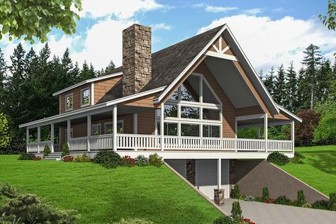 2-Story 3-Bedroom Mountain Country House with Drive-Under Garage and Shop (House Plan) Sloping Lot House Plan, Floorplan House, Hillside House, Garage House Plans, Mountain House Plans, Lake House Plans, Country House Plan, Wrap Around Porch, A Frame House