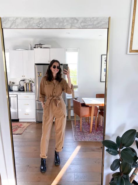 How To Style 6 Different Utility Jumpsuits - Cupcakes & Cashmere Jumpsuit Outfits Winter, Work Jumpsuit Outfit, Utility Jumpsuit Outfit, Womens Jumpsuit Outfits, Jumpsuit Outfit Work, Winter Jumpsuit Outfit, How To Style Jumpsuit, Styling Jumpsuits, Jumpsuit Outfit Winter