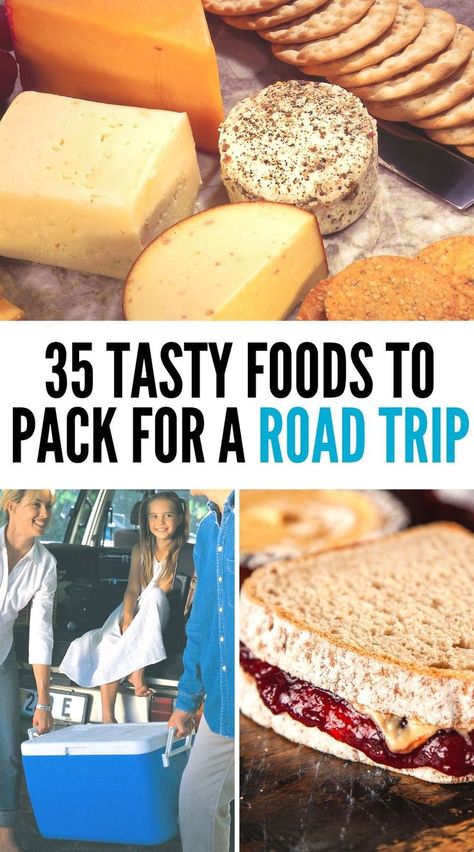 Food for a road trip, such as crackers, cheeses, peanut butter and jelly sandwiches and a cooler to pack it all in. Snacks To Travel With Road Trips, Easy Road Trip Food Ideas, Food Road Trip Ideas, Car Ride Lunch Road Trips, On The Go Food Road Trips, Foods To Pack For Road Trip, Packing Food For Road Trip Car Snacks, Road Trip Car Meals, Pack Food For Road Trip