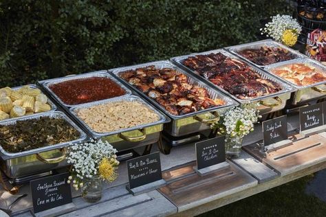 Bbq Wedding Reception, Wedding Food Table, Wedding Buffet Food, Buffet Set Up, Wedding Caterer, Backyard Reception, Signal Hill, I Do Bbq, Party Food Buffet