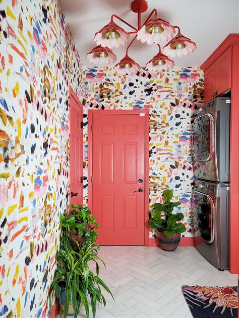 Laundry Room Mural, Eclectic Basement, Marble Herringbone Floor, Laundry Room Colors, Laundry Makeover, 2023 Wallpaper, Colorful Inspiration, Laundry Room Wallpaper, Mud Rooms