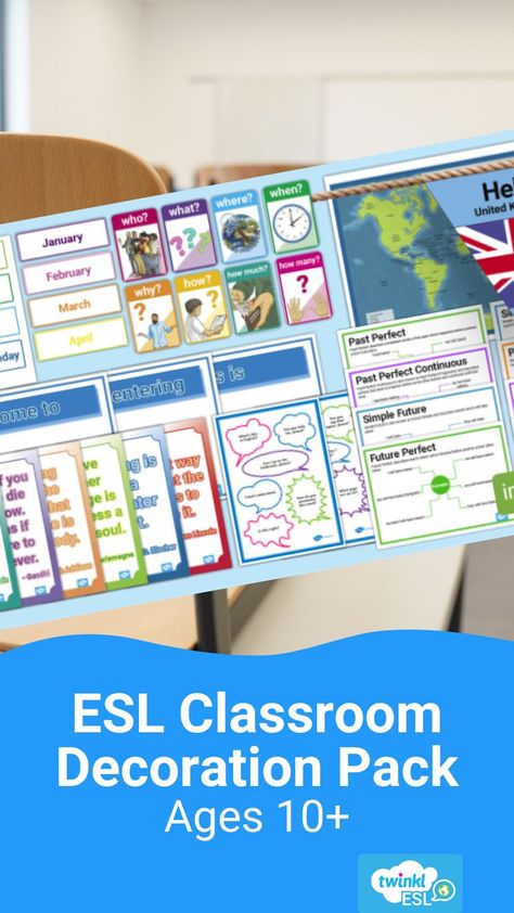 Pack of classroom posters and decorations for ESL teachers teaching students aged 10+, including question word posters, classroom phrases, world maps, flag bunting, date displays, etc Esl Classroom Decor, Esol Resources, English Classroom Decor, Classroom Images, Classroom Idea, Esl Classroom, Classroom Wall Decor, Class Decor, English Classroom