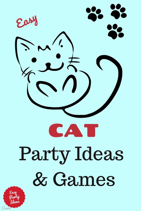 Ideas for Kid's Cat Theme Party invitations, decorations, games, food, cakes and party favors! | Easy Party Ideas and Games #catparty #partyideas #easypartyideas Black Cat Party Decorations, Cat Party Ideas Decorations, Cat Birthday Party Craft, Kitty Birthday Party Games, Cat Shower Party, Pin The Tail On The Cat Printable, Cat Themed 3rd Birthday Party, Kitten Party Games, Cat Themed Party Ideas