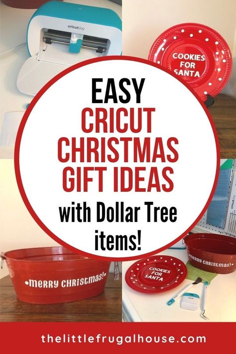 These are the perfect beginner projects! Make these quick, easy, and simple Cricut projects for Christmas gifts using Dollar Tree items! Easy Christmas Cricut Gifts, Easy Christmas Crafts Cricut, Christmas Gift Ideas To Make With Cricut, Cricut Christmas Party Favors, Diy Dollar Tree Cricut Projects, Christmas Cricut Projects To Sell Dollar Tree, Cheap Cricut Christmas Gifts, Teacher Christmas Gift Ideas Diy Cricut, Simple Cricut Christmas Gifts