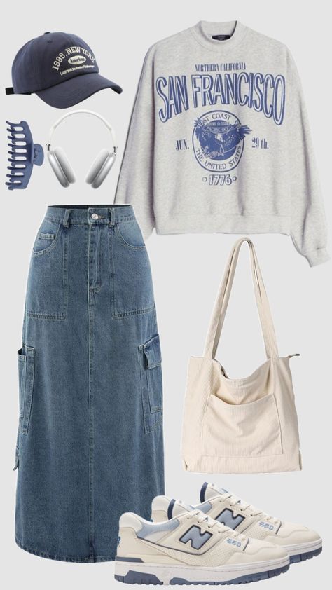 #blueaesthetic #schooloutfit #modest #casual #longjeanskirt #skirt #sweatshirt #college #modestfashion #winteroutfit #outfitideas #ootd #outfit Modest Girly Outfits, Stylish Outfits Casual, Modest Casual, Modest Casual Outfits, Stile Hijab, Modesty Outfits, Modest Outfit, Cute Modest Outfits, Casual College Outfits